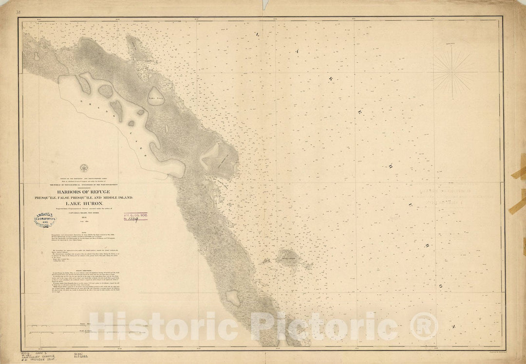 Map : Lake Survey Charts, Harbors of refuge, Presqu'Ile, False Presqu'Ile and Middle Island, Lake Huron, Antique Vintage Reproduction