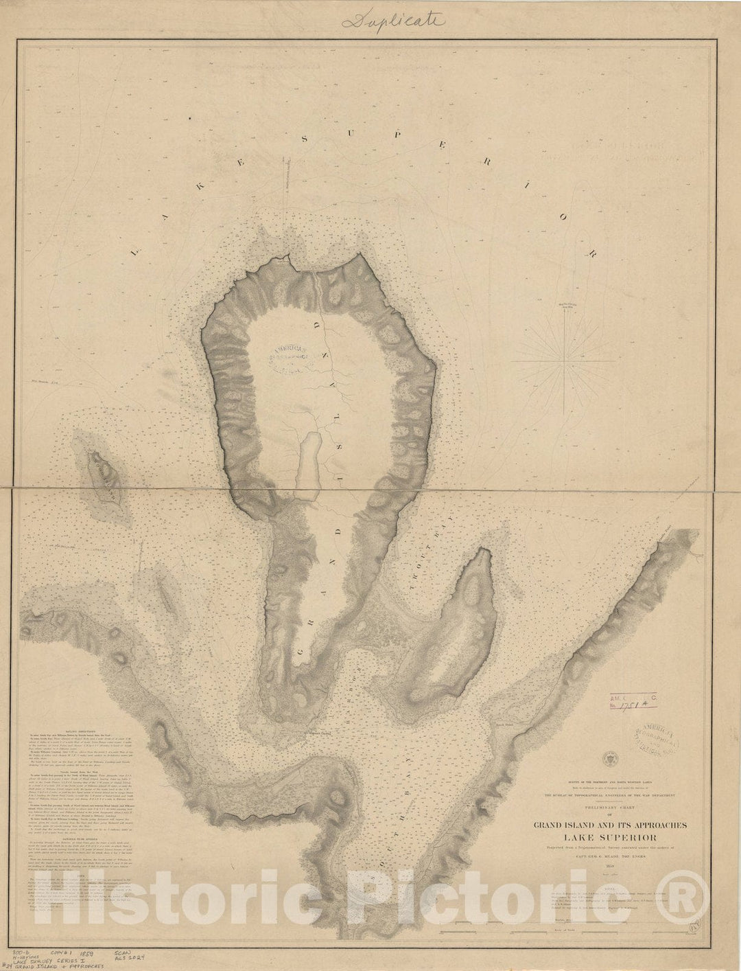 Map : Lake Survey Charts, Preliminary chart of Grand Island and its approaches, Lake Superior, Antique Vintage Reproduction