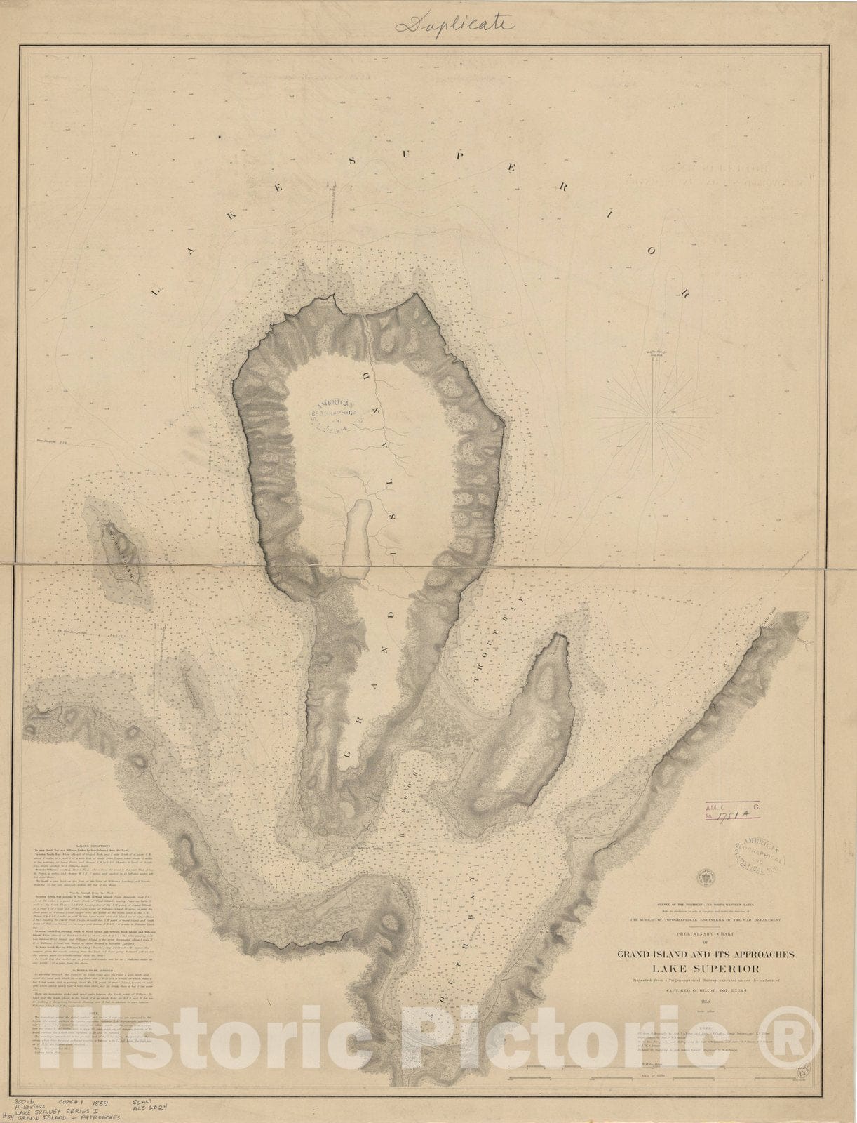 Map : Lake Survey Charts, Preliminary chart of Grand Island and its approaches, Lake Superior, Antique Vintage Reproduction