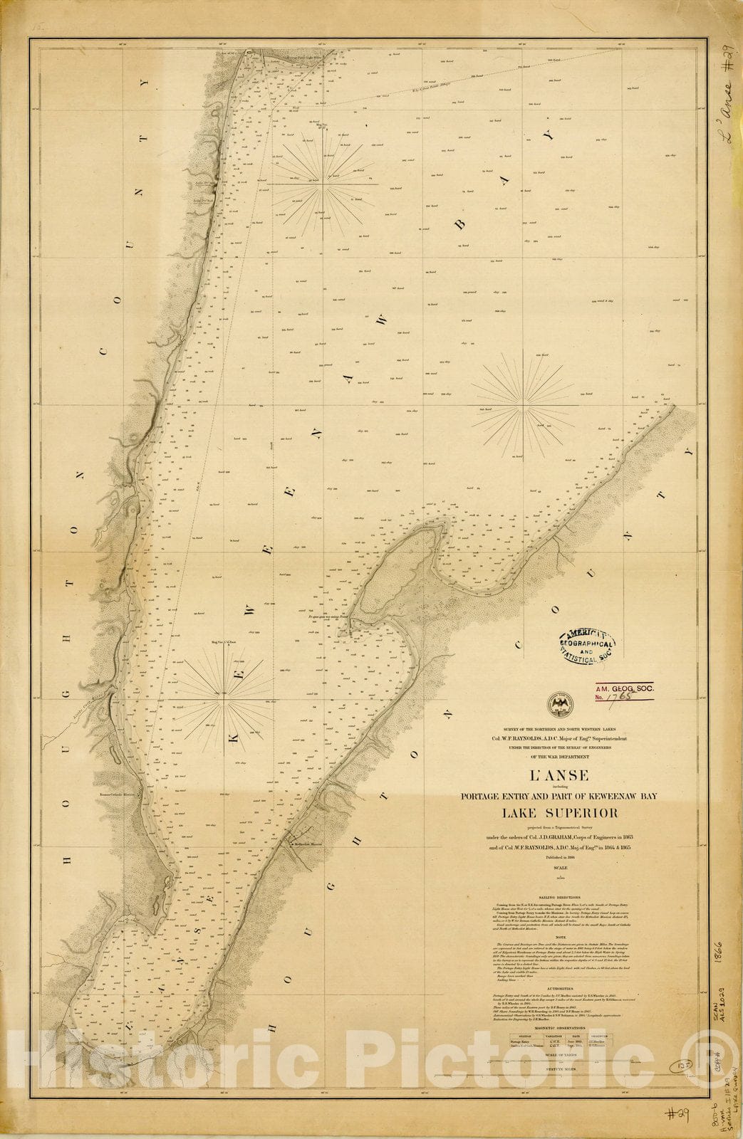 Map : Lake Survey Charts, L'Anse including portage entry and part of Keweenaw Bay, Lake Superior, Antique Vintage Reproduction