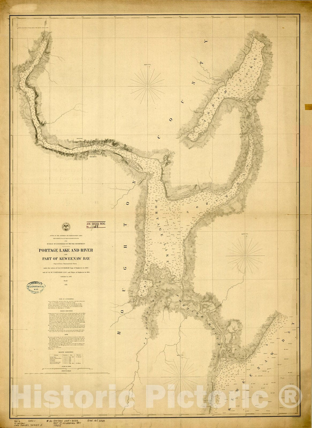 Map : Lake Survey Charts, Portage Lake and River with part of Keweenaw Bay, Antique Vintage Reproduction