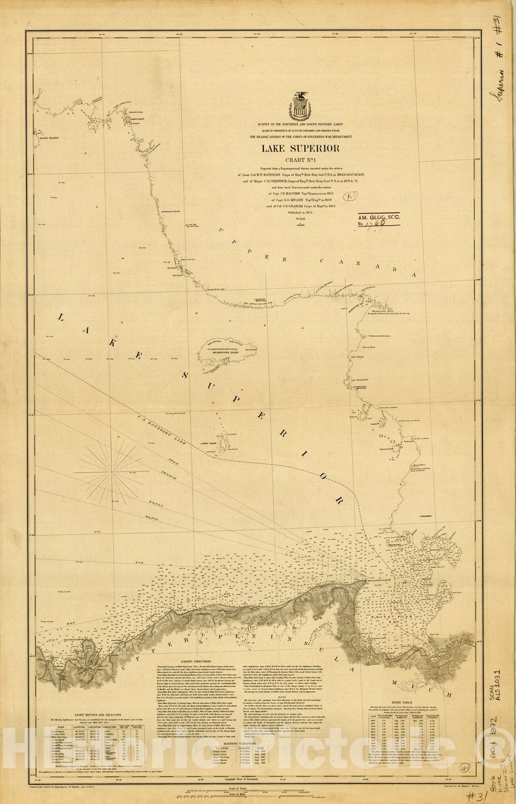 Map : Lake Survey Charts, Lake Superior chart no. 1, Antique Vintage Reproduction