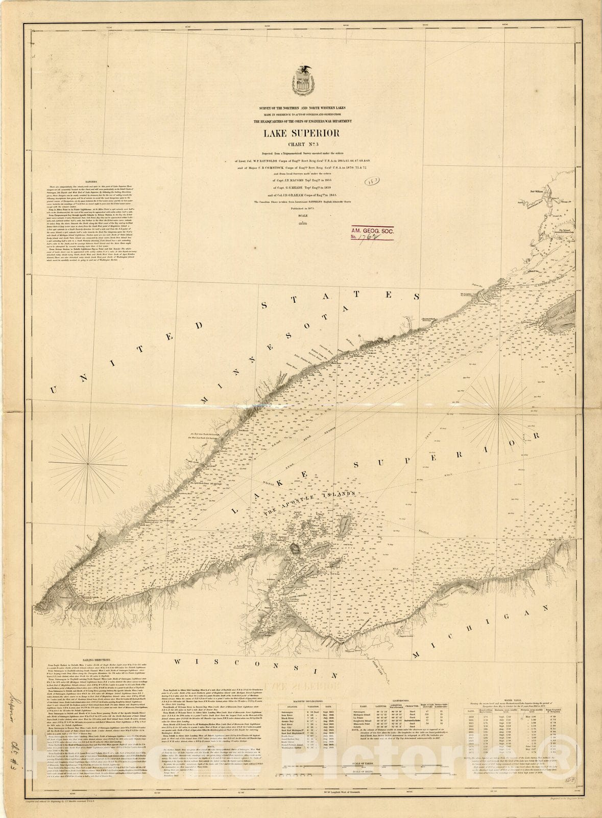 Map : Lake Survey Charts, Lake Superior chart no. 3, Antique Vintage Reproduction