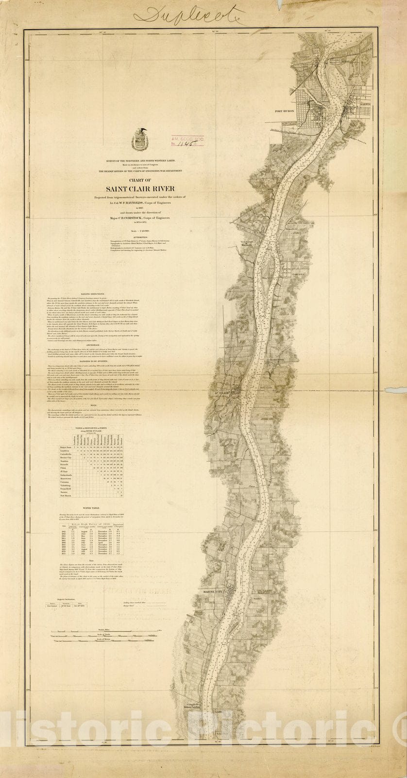 Map : Lake Survey Charts, Chart of Saint Clair River, Antique Vintage Reproduction