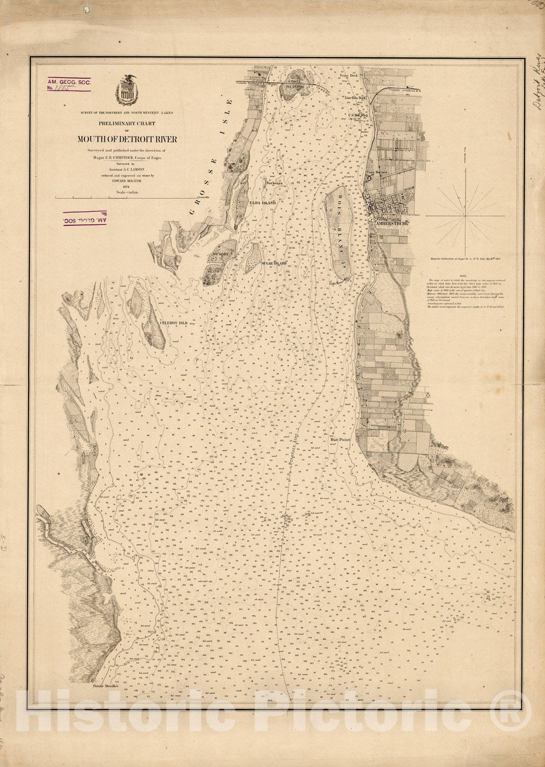 Map : Lake Survey Charts, Preliminary chart of mouth of Detroit River, Antique Vintage Reproduction