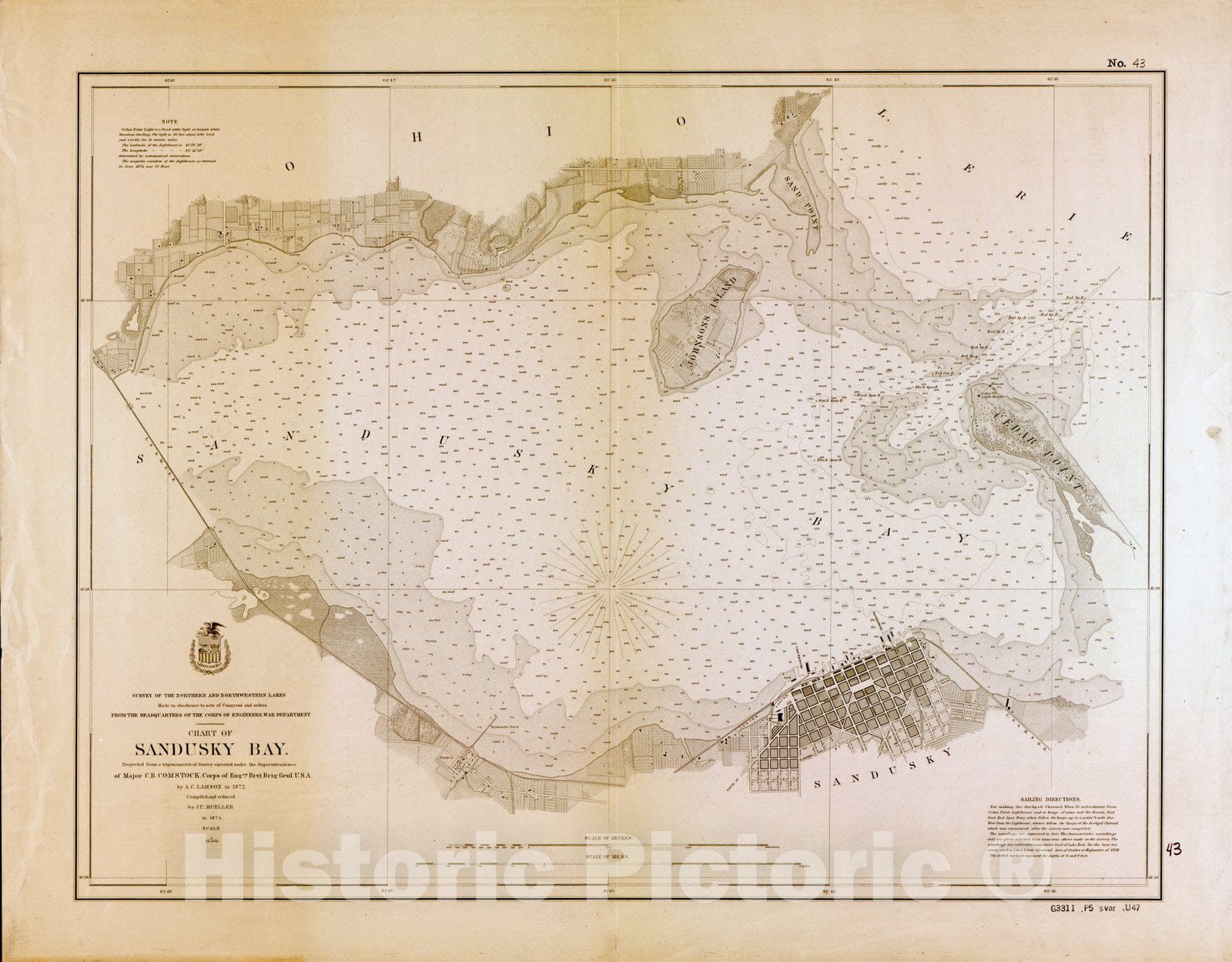 Map : Lake Survey Charts, Chart of Sandusky Bay, Antique Vintage Reproduction