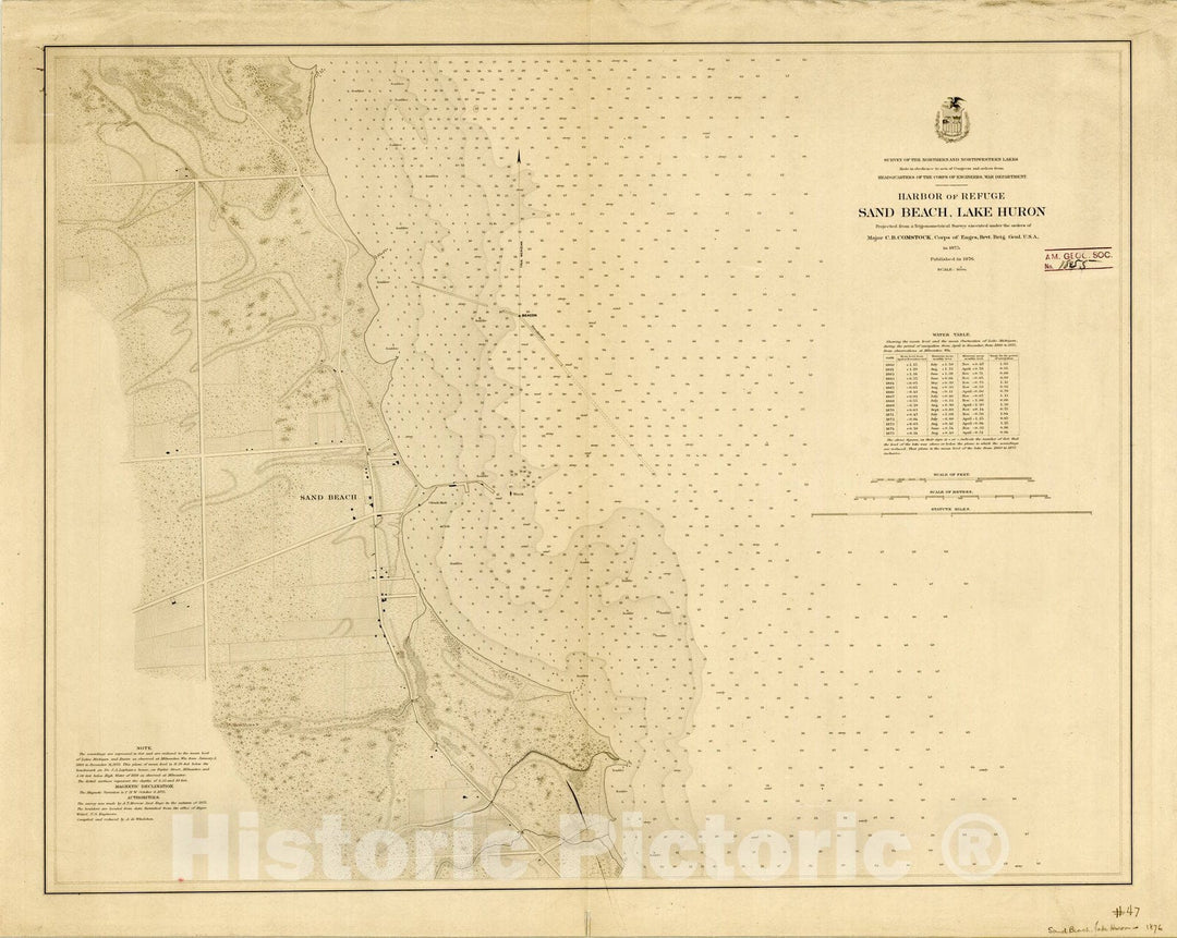 Map : Lake Survey Charts, Harbor of refuge, Sand Beach, Lake Huron, Antique Vintage Reproduction