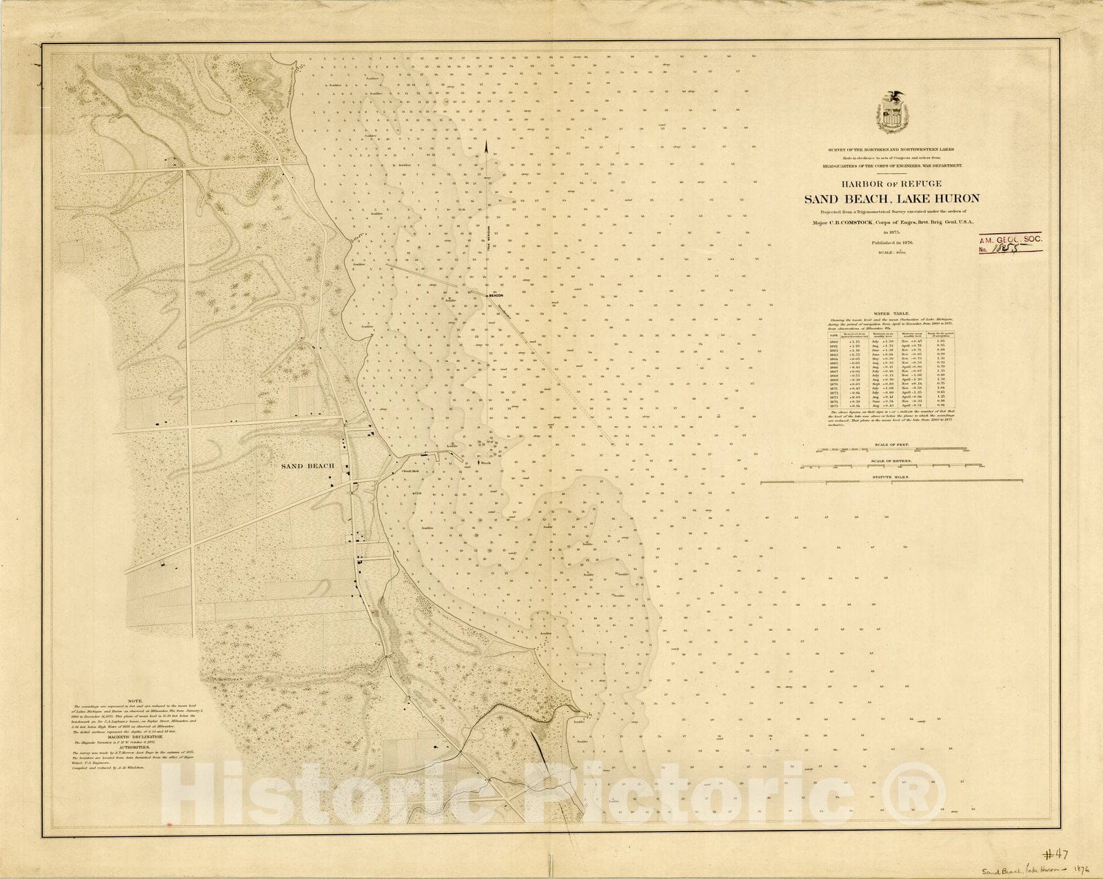 Map : Lake Survey Charts, Harbor of refuge, Sand Beach, Lake Huron, Antique Vintage Reproduction