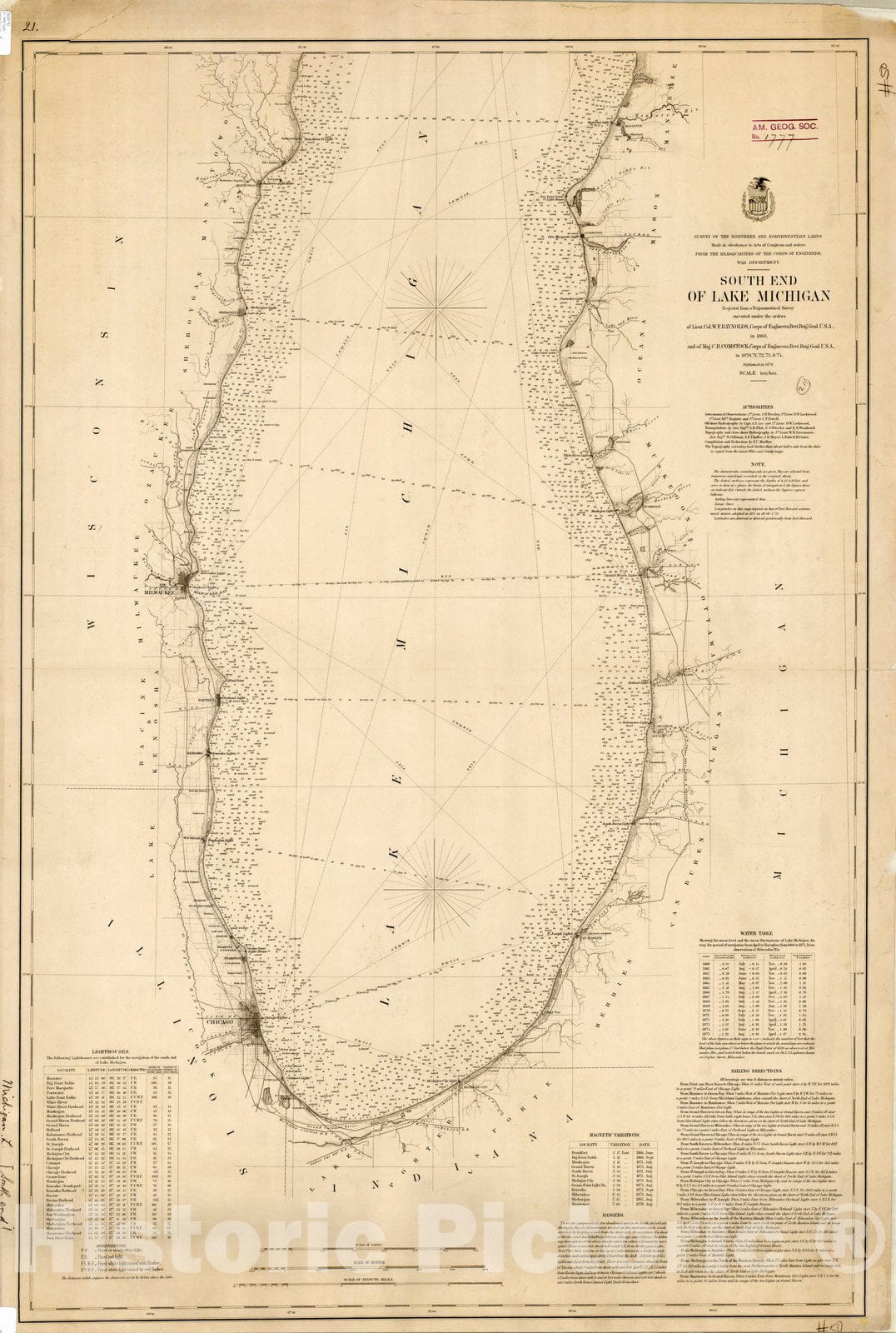 Map : Lake Survey Charts, South end Lake Michigan, Antique Vintage Reproduction