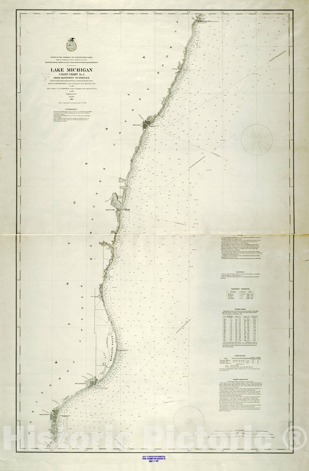 Map : Lake Survey Charts, Lake Michigan coast chart no. 1 from Manitowoc to Portage, Antique Vintage Reproduction