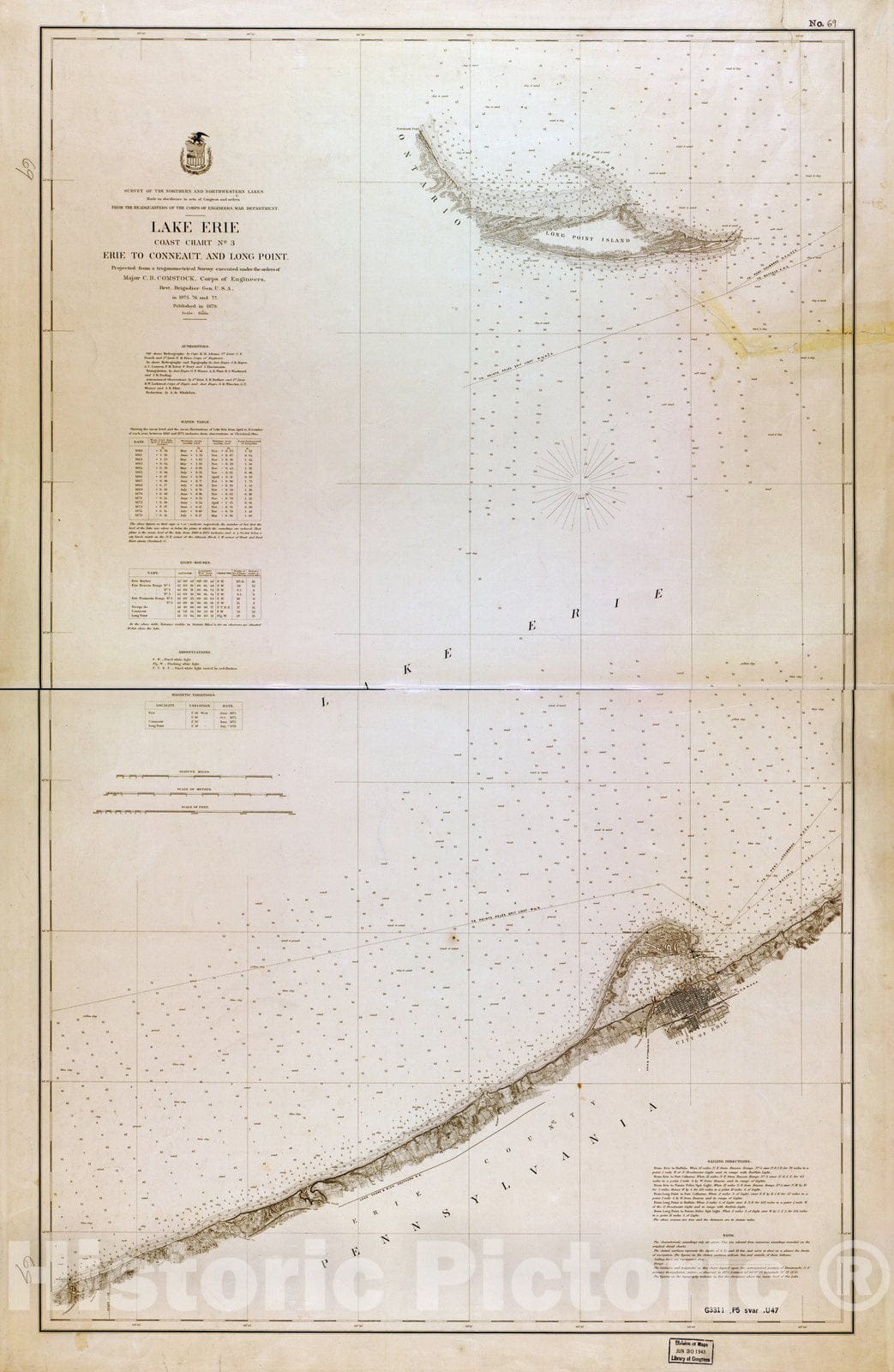 Map : Lake Survey Charts, Lake Erie coast chart no. 3 Erie to Conneaut and Long Point, Antique Vintage Reproduction