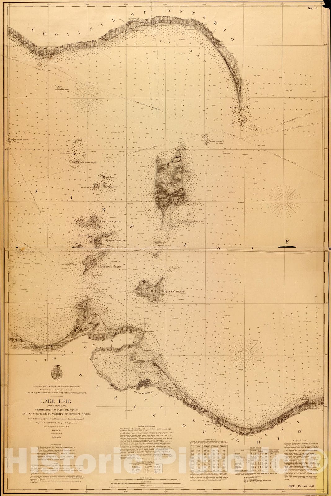 Map : Lake Survey Charts, Lake Erie coast chart no. 6 Vermilion to Port Clinto, and Pointe Pelee to vicinity of Detroit River, Antique Vintage Reproduction