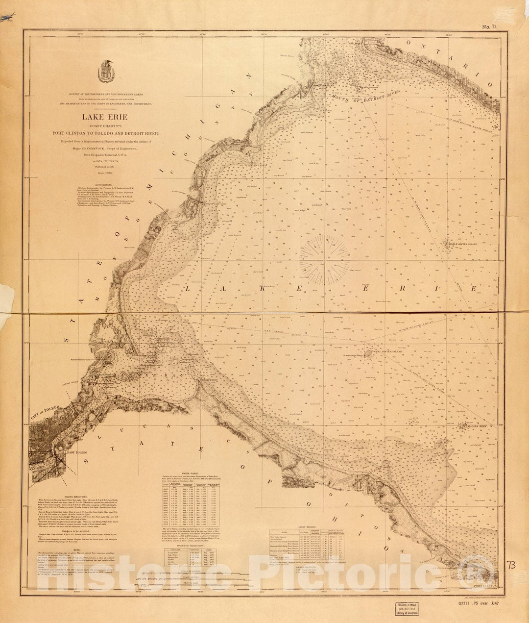 Map : Lake Survey Charts, Lake Erie coast chart no. 7 Port Clinton to Toledo and Detroit River, Antique Vintage Reproduction