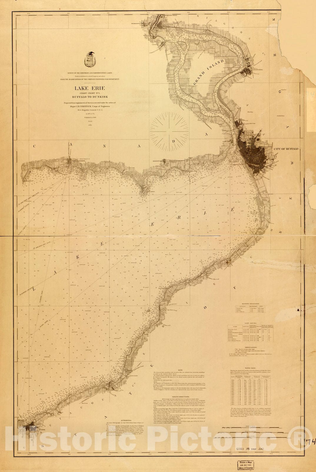 Map : Lake Survey Charts, Lake Erie coast chart no. 1 Buffalo to Dunkirk, Antique Vintage Reproduction