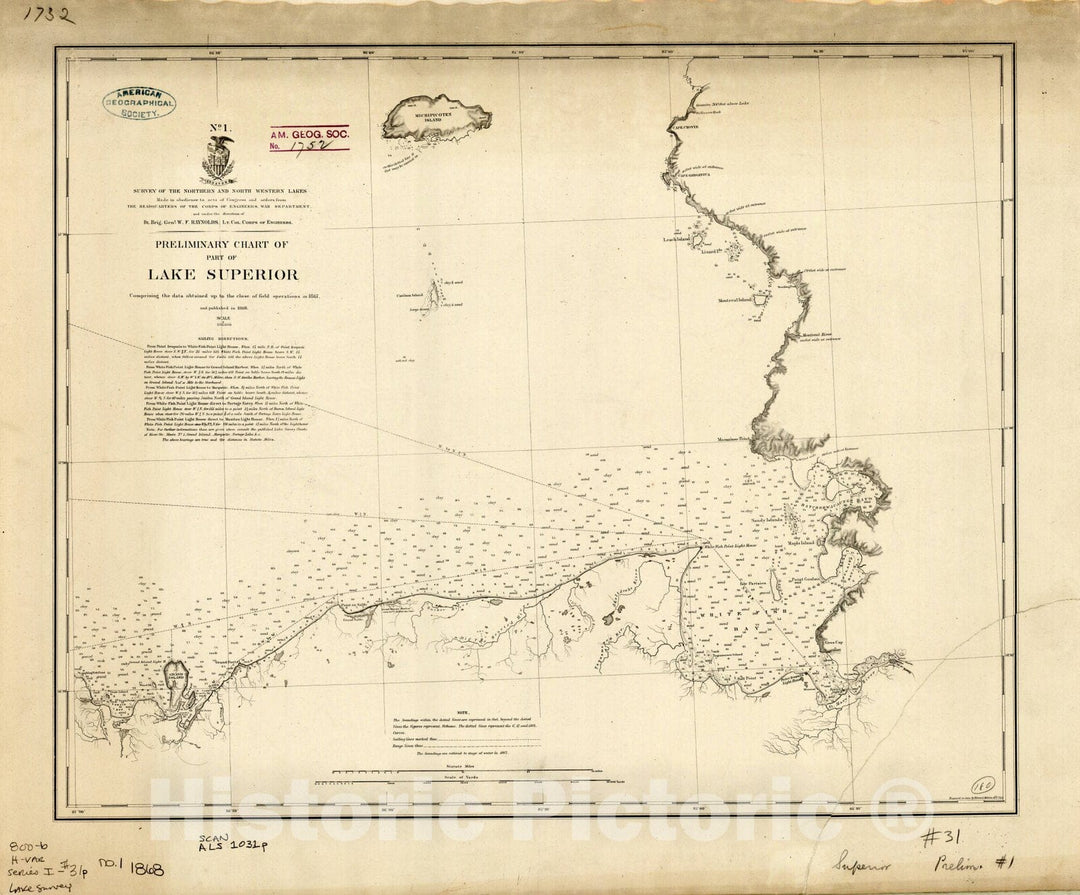 Map : Lake Survey Charts 3, Preliminary chart of part of Lake Superior, Antique Vintage Reproduction