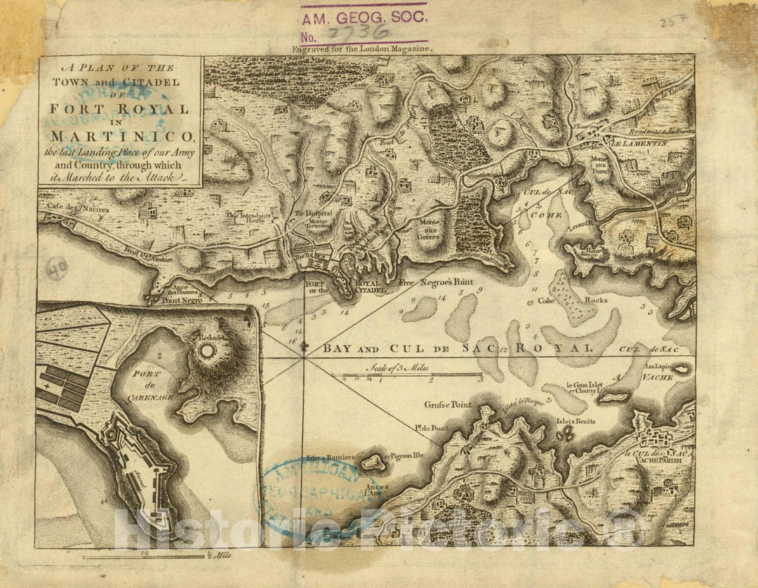 Historic Map : Martinique 1762, A plan of the town and citadel of Fort Royal in Martinico : the last landing place of our army and the country through which it marched to the attack