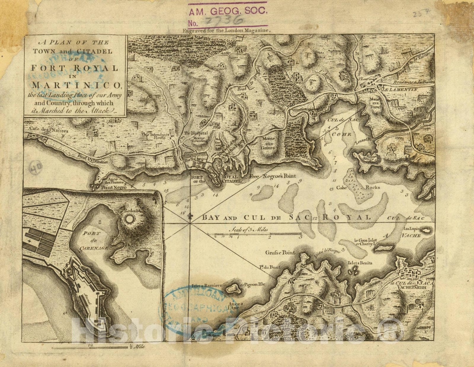 Historic Map : Martinique 1762, A plan of the town and citadel of Fort Royal in Martinico : the last landing place of our army and the country through which it marched to the attack