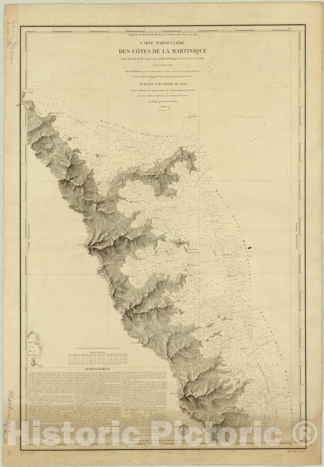 Map : Martinique 1828, Antique Vintage Reproduction