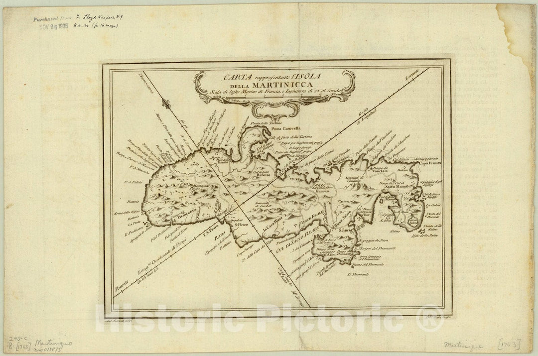 Map : Martinique 1763, Carta rappresentante l'Isola della Martinicca , Antique Vintage Reproduction