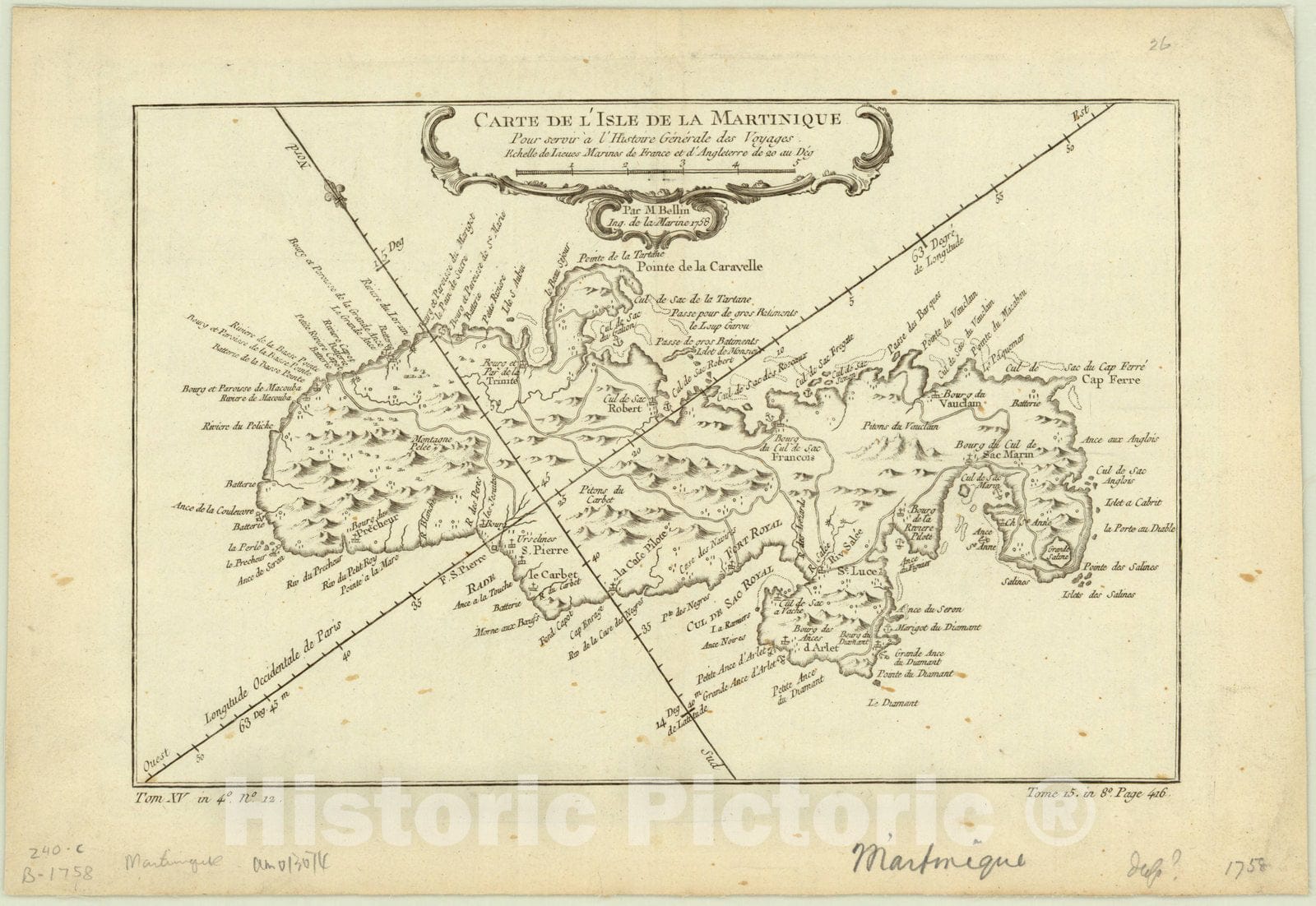 Map : Martinique 1758, Carte de L'Isle De La Martinique : Pour servir a l'Histoire Generale des Voyages , Antique Vintage Reproduction