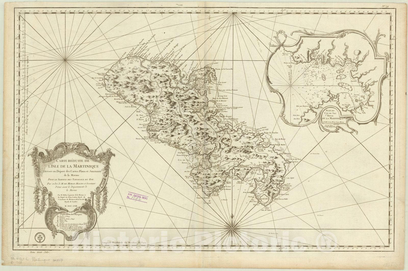 Map : Martinique 1758, Carte reduite de l'isle de la Martinique , Antique Vintage Reproduction