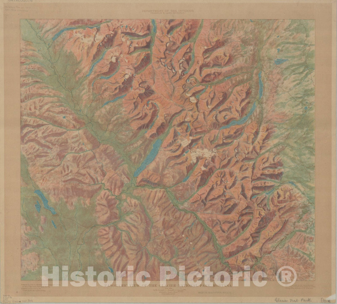 Map : Glacier National Park (Montana) 1914, panoramic view, Panoramic view of the Glacier National Park, Montana , Antique Vintage Reproduction