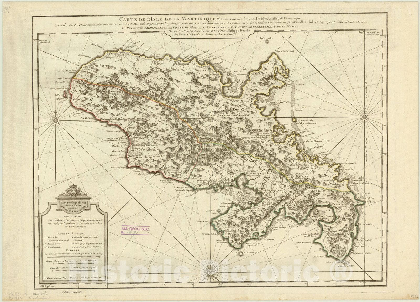 Map : Martinique 1732, Carte de l'isle de la Martinique : colonie franc?oise de l'une des isles Antilles de l'Amerique , Antique Vintage Reproduction