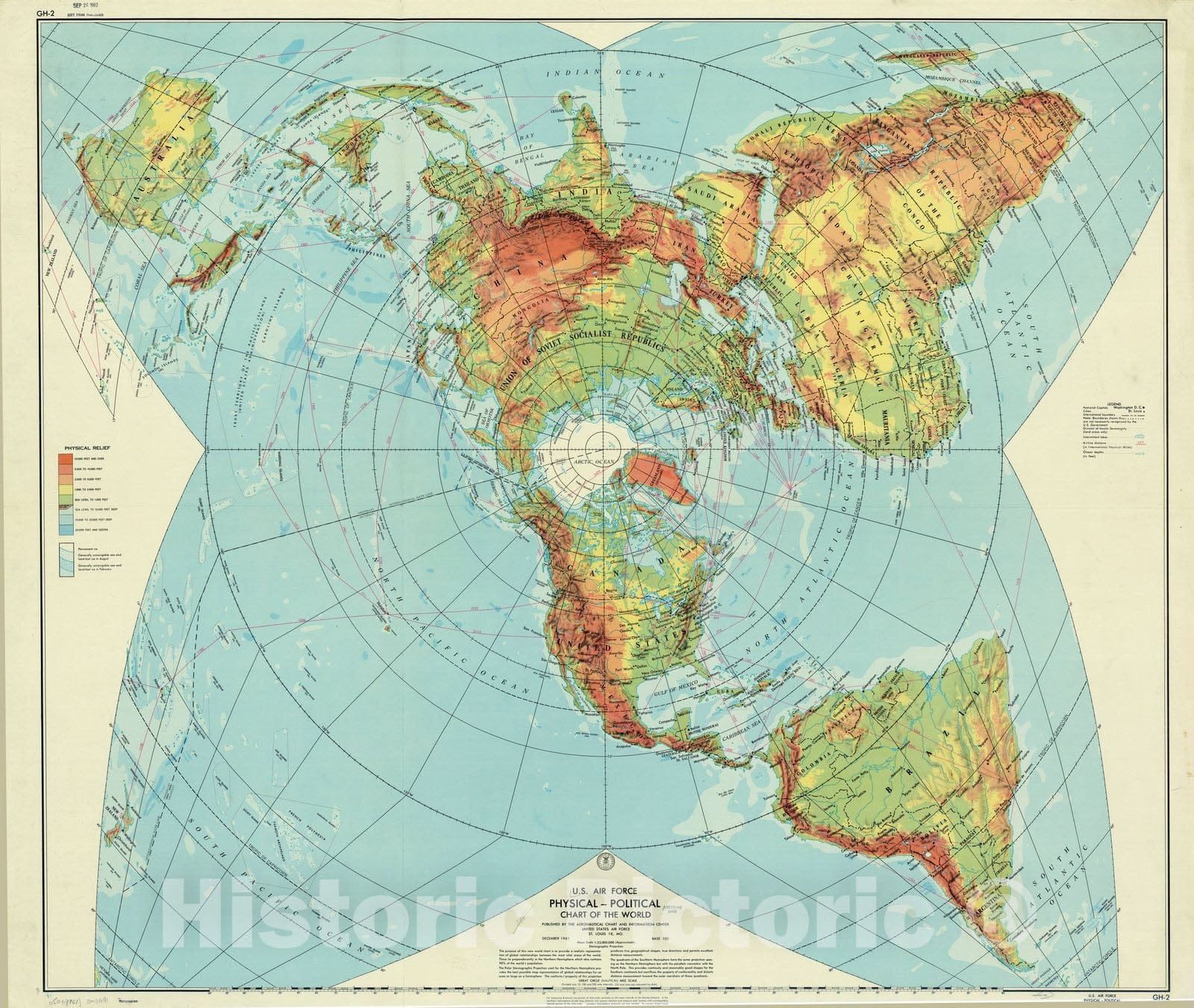 Map : World 1961, U.S. Air Force physical-political chart of the world , Antique Vintage Reproduction