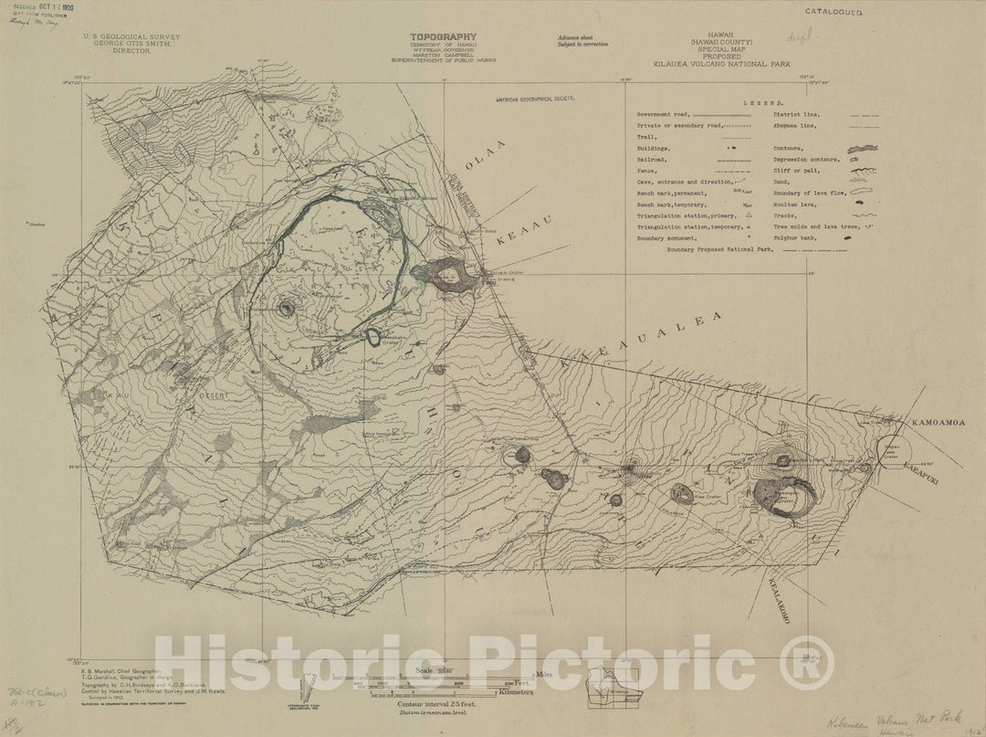 Map : Hawaii County (Hawaii) 1912, Hawaii (Hawaii County) special map, proposed Kilauea Volcano National Park : topography , Antique Vintage Reproduction