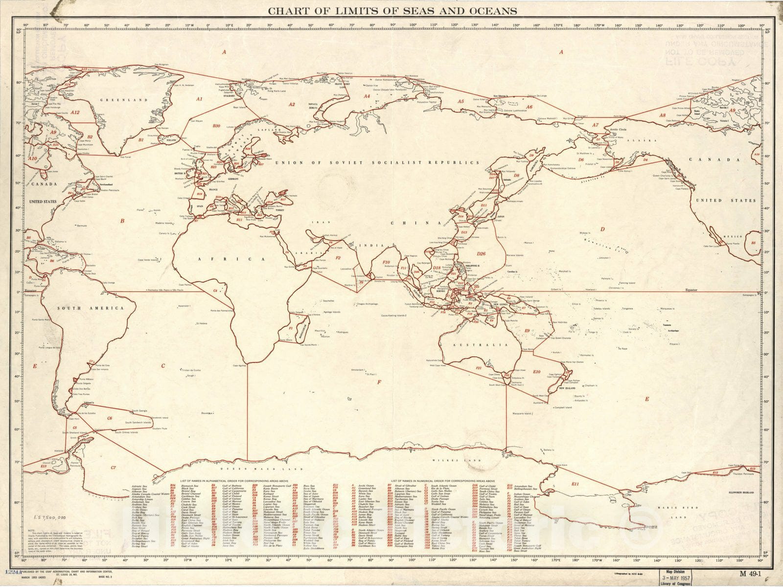 Map : World 1953, Chart of limits of seas and oceans, Antique Vintage Reproduction