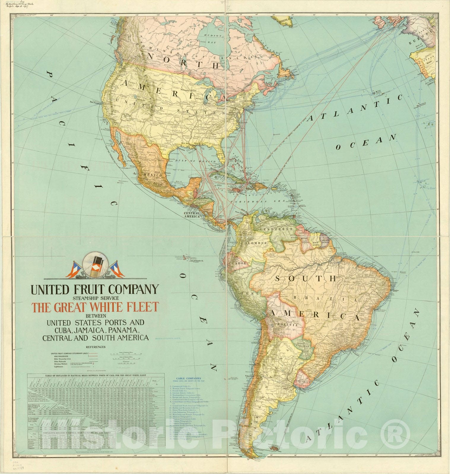 Map : Western Hemisphere 1917, Steamship service, the Great White Fleet, between United States ports and Cuba, Jamaica, Panama, Central and South America