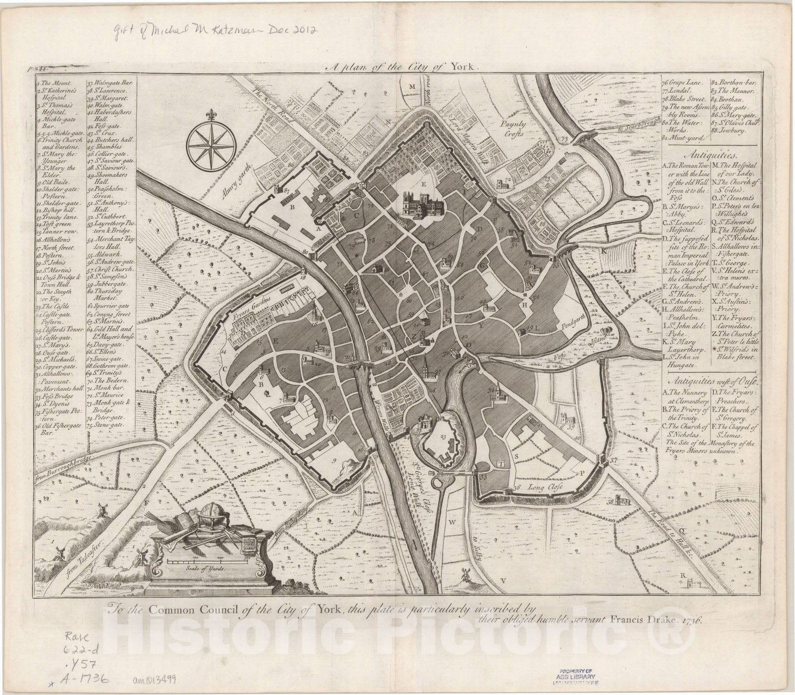 Map : York, England 1736, Antique Vintage Reproduction