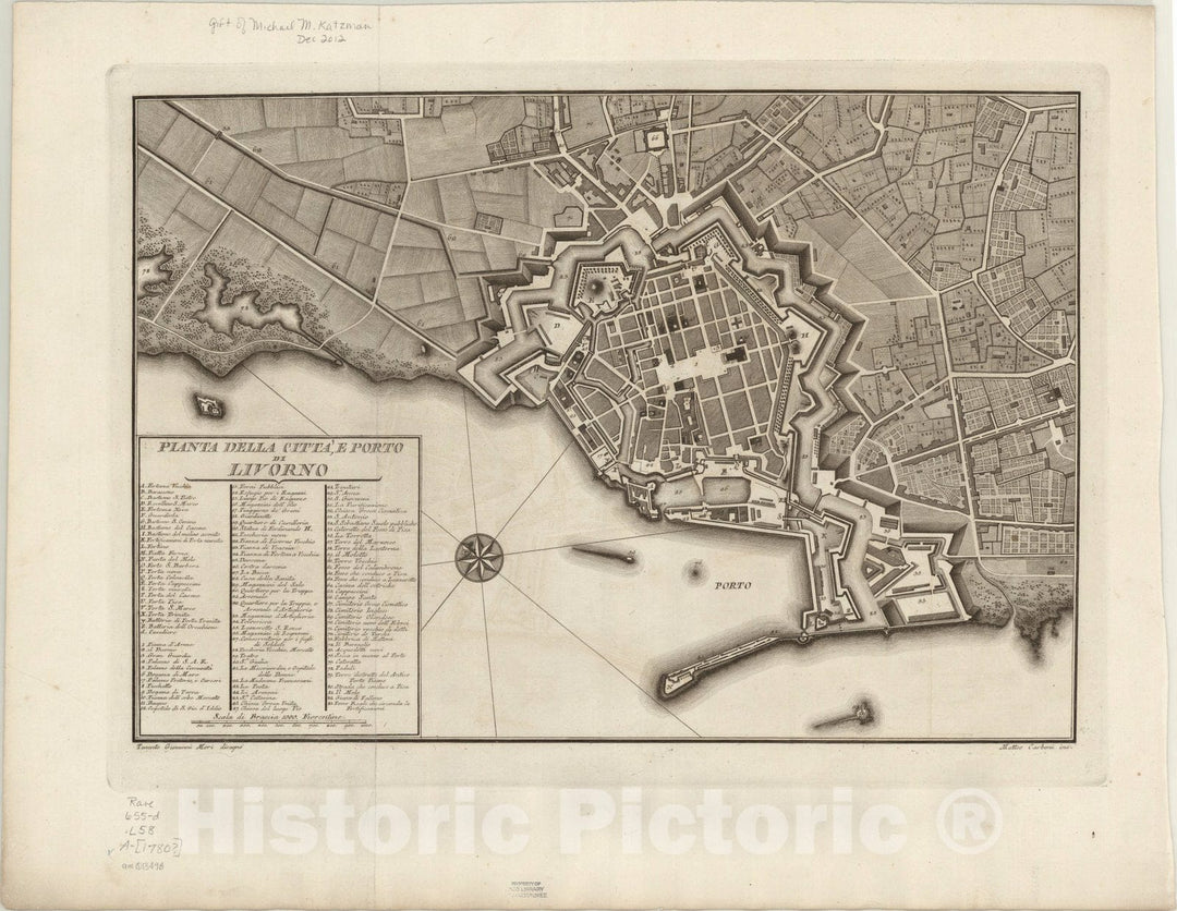 Map : Livorno, Italy 1780?, Pianta Della Citta, e Porto di Livorno , Antique Vintage Reproduction