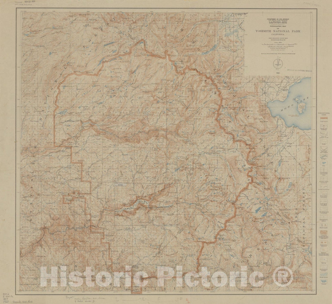 Map : Yosemite National Park (California) 1920, topographic map, Topographic map of Yosemite National Park, California , Antique Vintage Reproduction