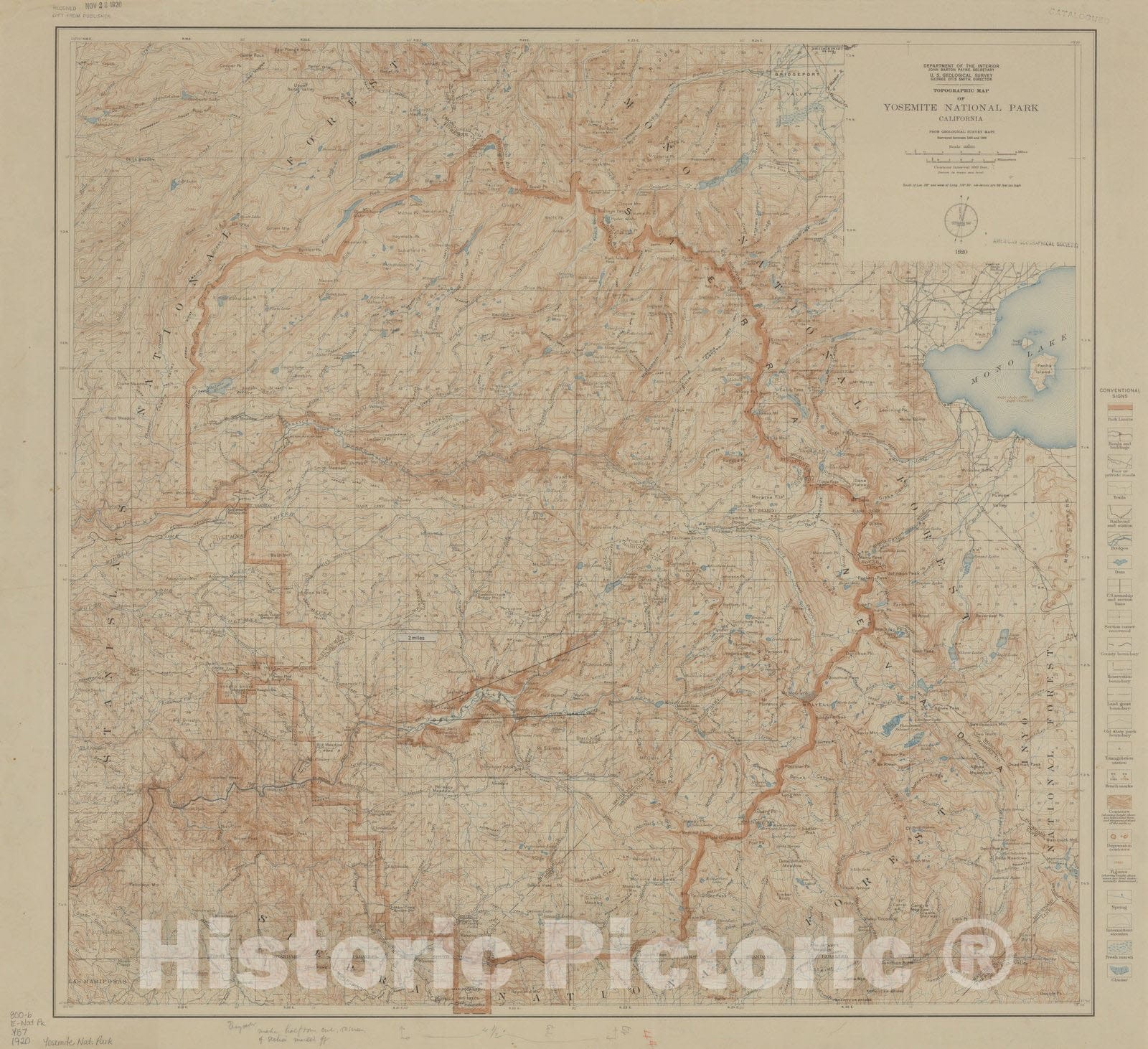 Map : Yosemite National Park (California) 1920, topographic map, Topographic map of Yosemite National Park, California , Antique Vintage Reproduction