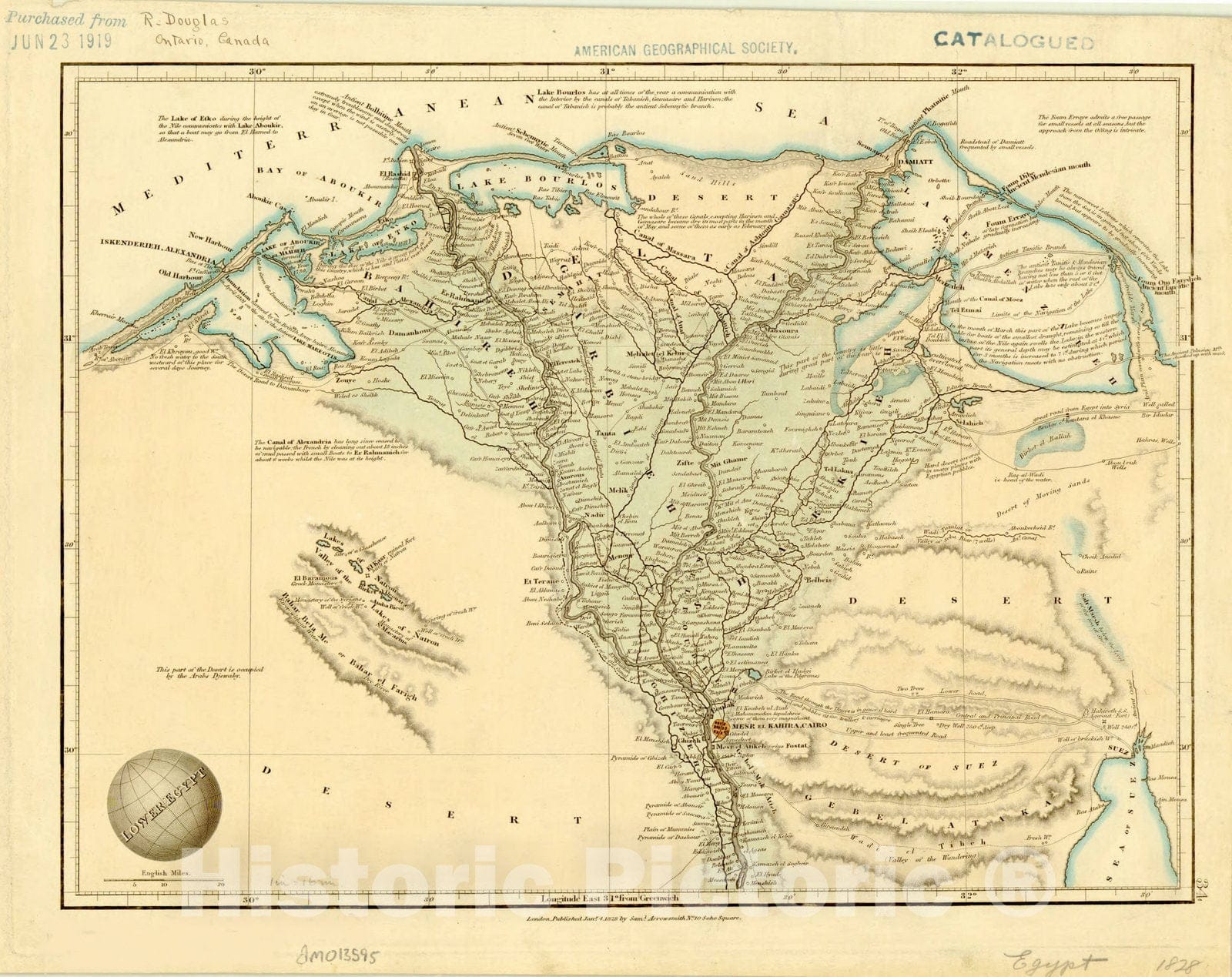 Map : Nile River, Egypt 1828, Lower Egypt , Antique Vintage Reproduction