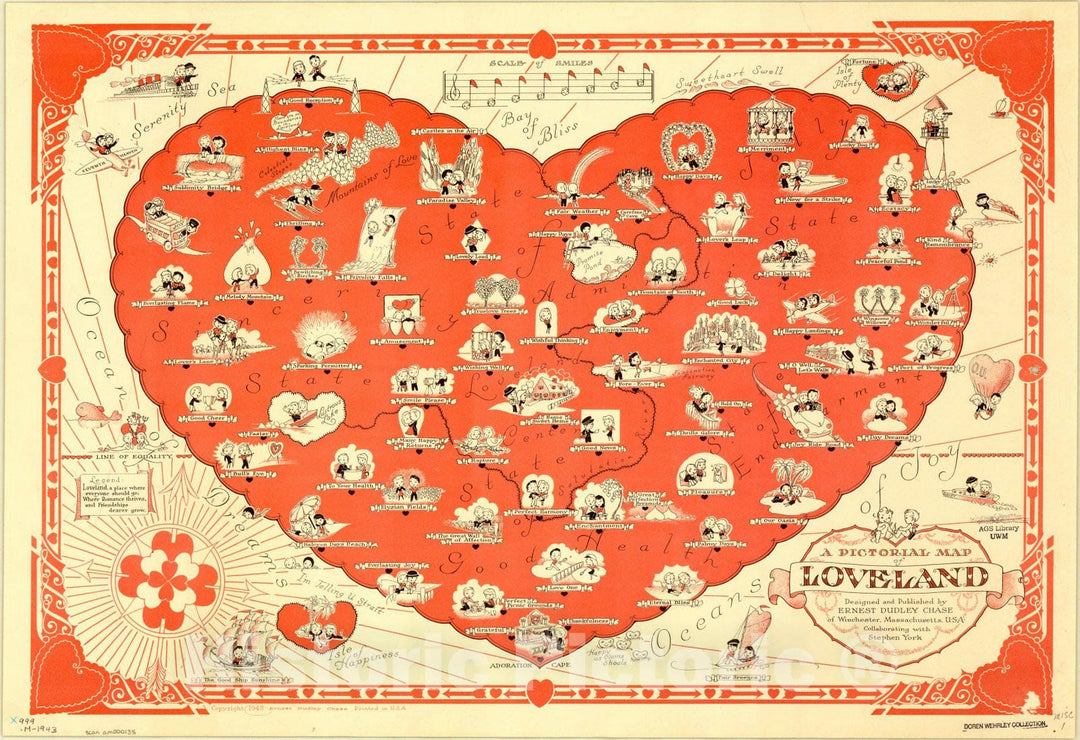 Map : Loveland (imaginary place) 1943, A pictorial map of loveland , Antique Vintage Reproduction