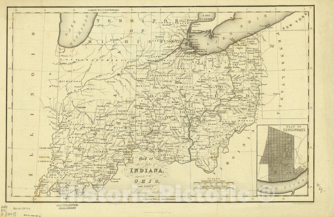 Map : Indiana, Ohio and the Territory of Michigan 1832, Map of the states of Indiana and Ohio with part of Michigan Territory , Antique Vintage Reproduction