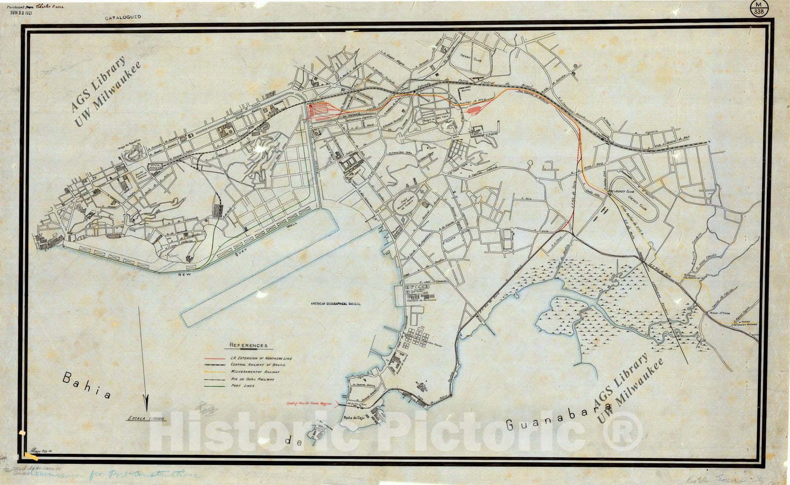 Map : Rio de Janeiro, Brazil 1909, Original drawing on linen, of the port of Rio de Janeiro, showing railways, port lines, etc., Antique Vintage Reproduction