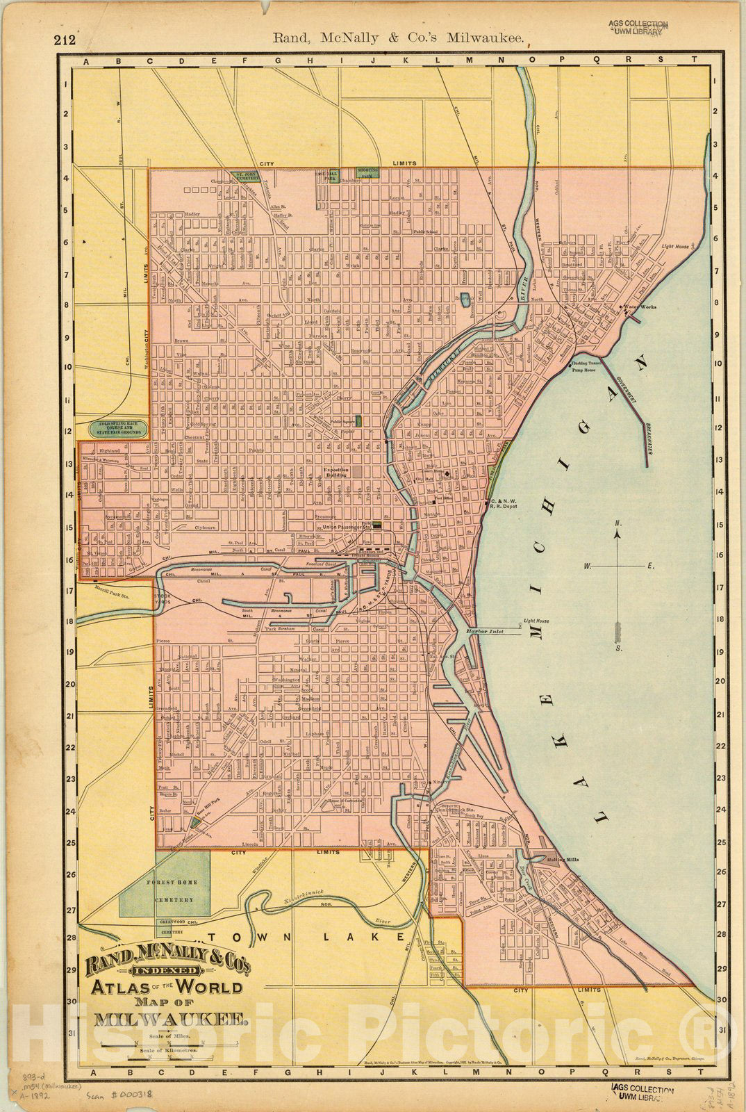 Map : Milwaukee (Wisconsin) 1892, Rand McNally & Co.'s indexed atlas of the world map of Milwaukee, Antique Vintage Reproduction