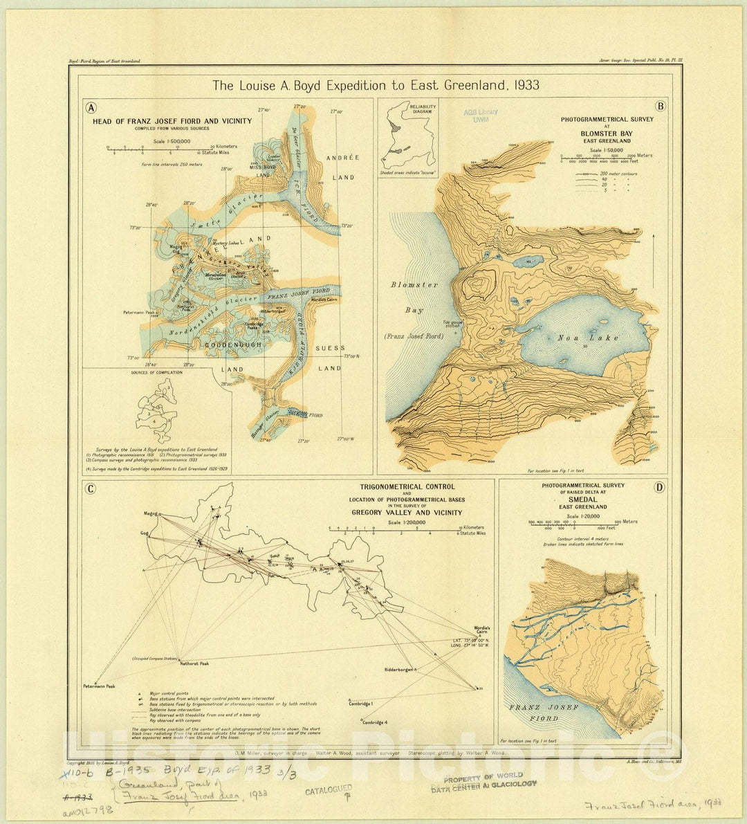 Map : Greenland, East 1933, The Louise A. Boyd expedition to East Greenland, 1933 , Antique Vintage Reproduction