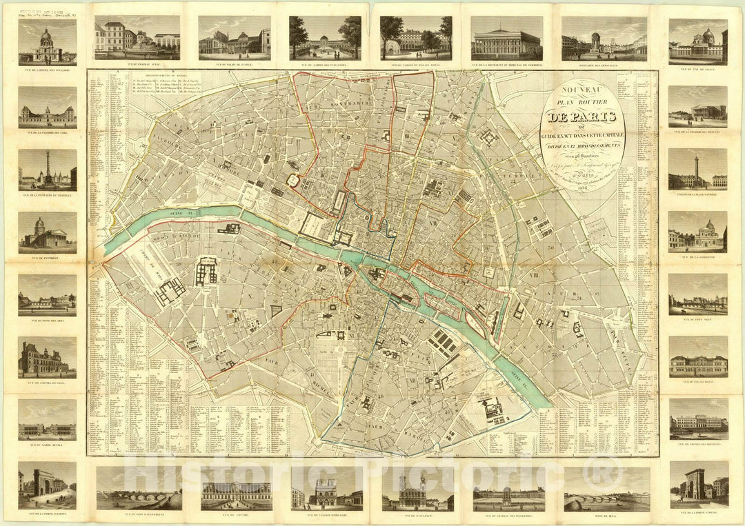 Historic Map : Paris, France 1852, Nouveau plan routier de Paris, ou, guide exact dans cette capitale divise en 12 arrondissements et en 48 quartiers , Antique Vintage Reproduction