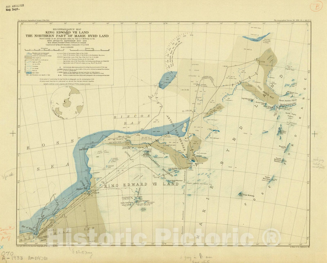 Map : Antarctica 1933, Reconnaissance map of King Edward VII Land and the northern part of Marie Byrd Land , Antique Vintage Reproduction