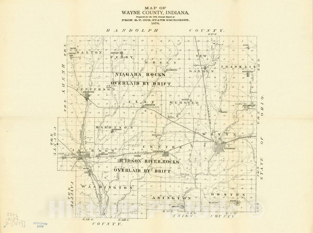 Map : Wayne County, Indiana 1878, Map of Wayne County, Indiana , Antique Vintage Reproduction