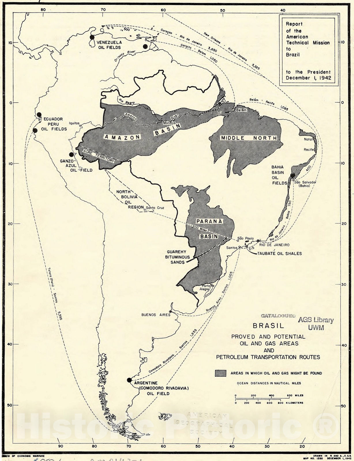 Map : Brazil 1942, Brasil : proved and potential oil and gas areas and petroleum transportation routes , Antique Vintage Reproduction