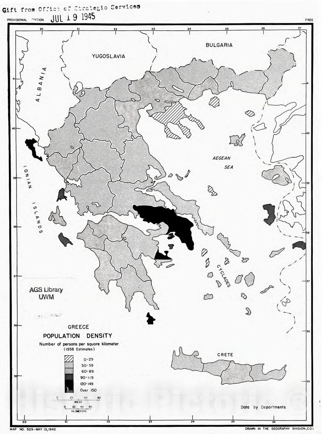 Map : Greece 1942, Greece, population density , Antique Vintage Reproduction