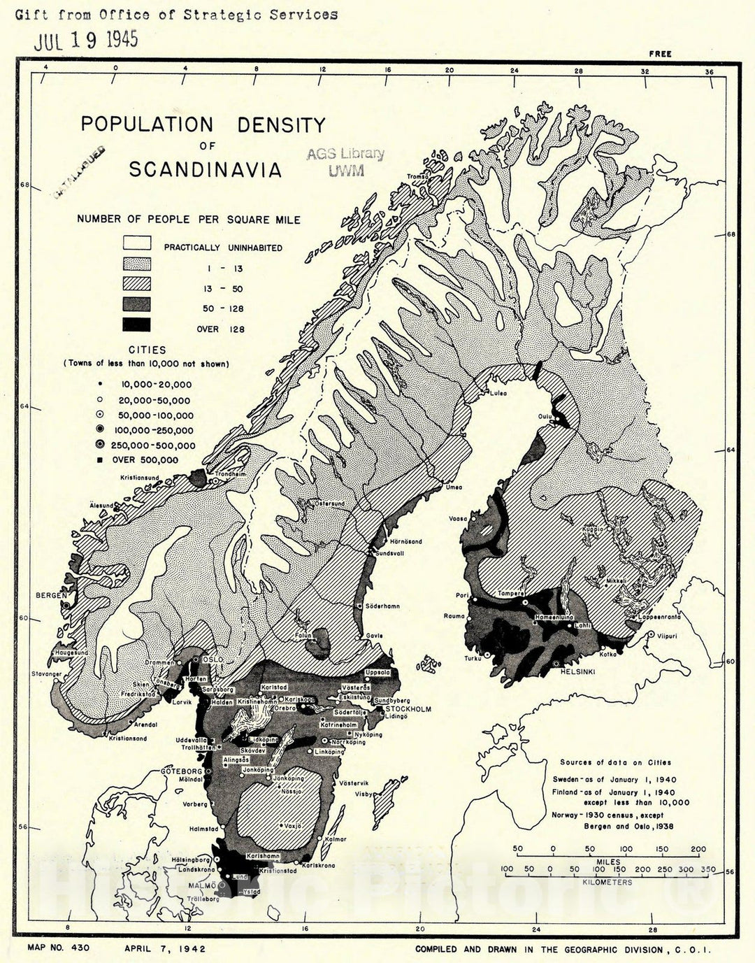 Map : Scandinavia 1942, Population density of Scandinavia , Antique Vintage Reproduction