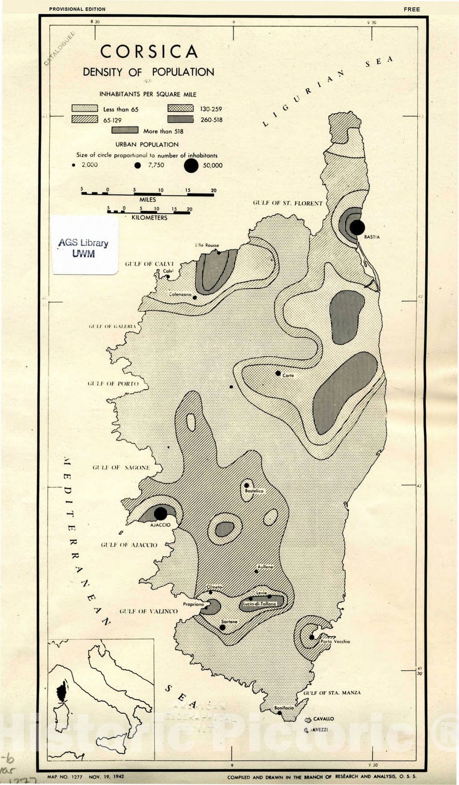 Map : Corsica, France 1942, Corsica : density of population , Antique Vintage Reproduction