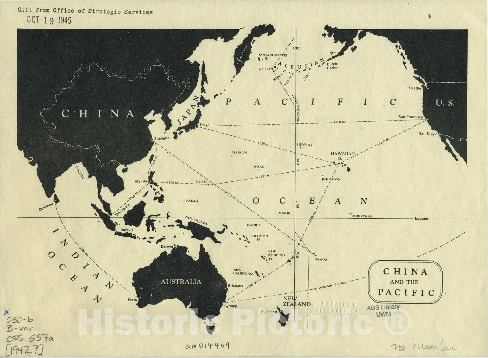 Map : Pacific Ocean 1942, China and the Pacific, Antique Vintage Reproduction