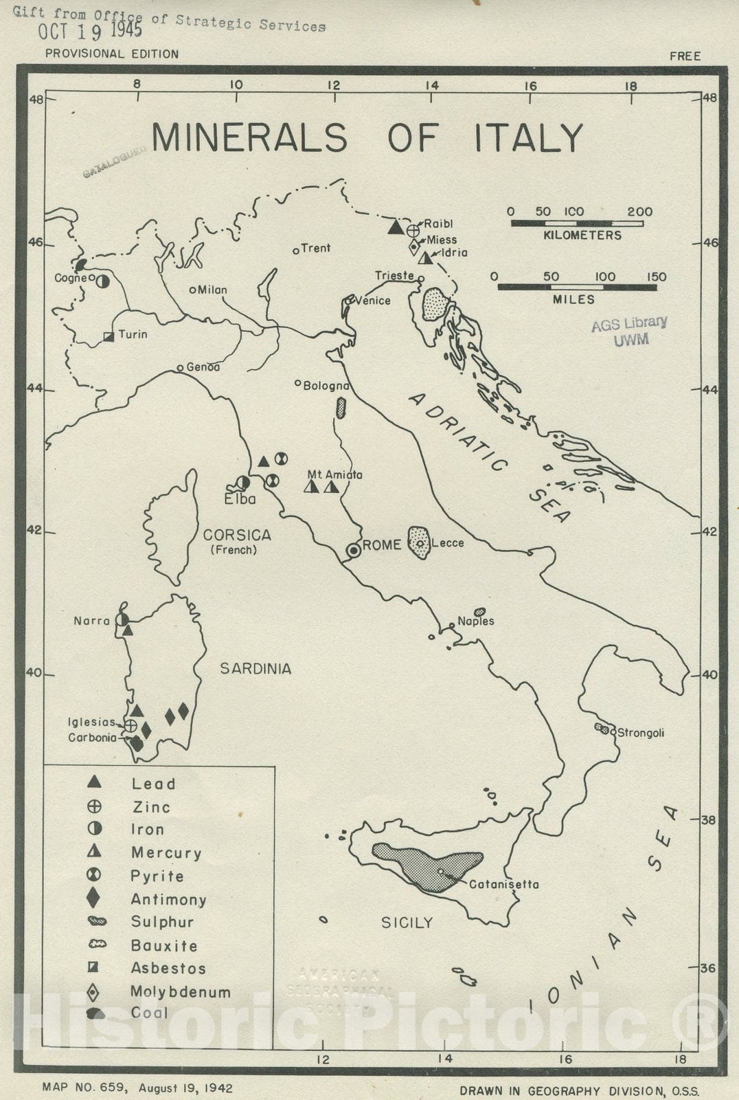 Map : Italy 1942, Minerals of Italy , Antique Vintage Reproduction